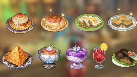 Arte com várias comidas de Genshin Impact